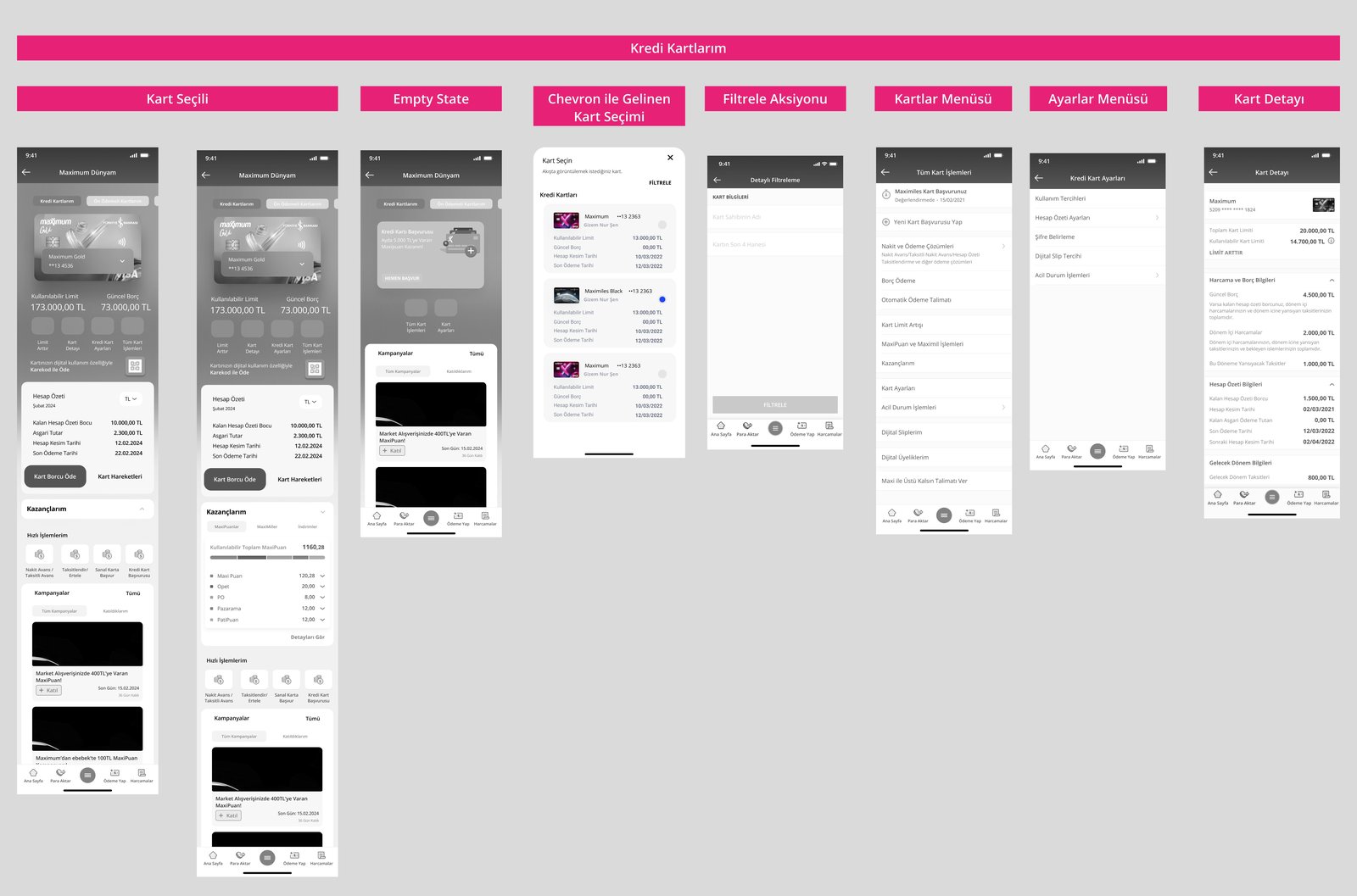 Additional İşCep Cards screens: card selected, empty state, chevron card selection, filter action, cards menu, settings menu, card detail