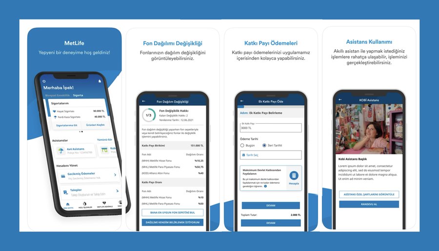 MetLife key feature screens: home, fund distribution, contribution payment, and smart assistant