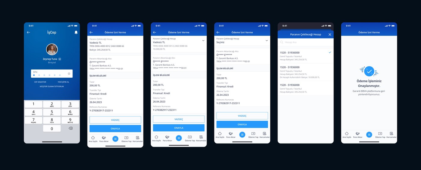 İşCep open banking payment consent flow, from bank selection to confirmation