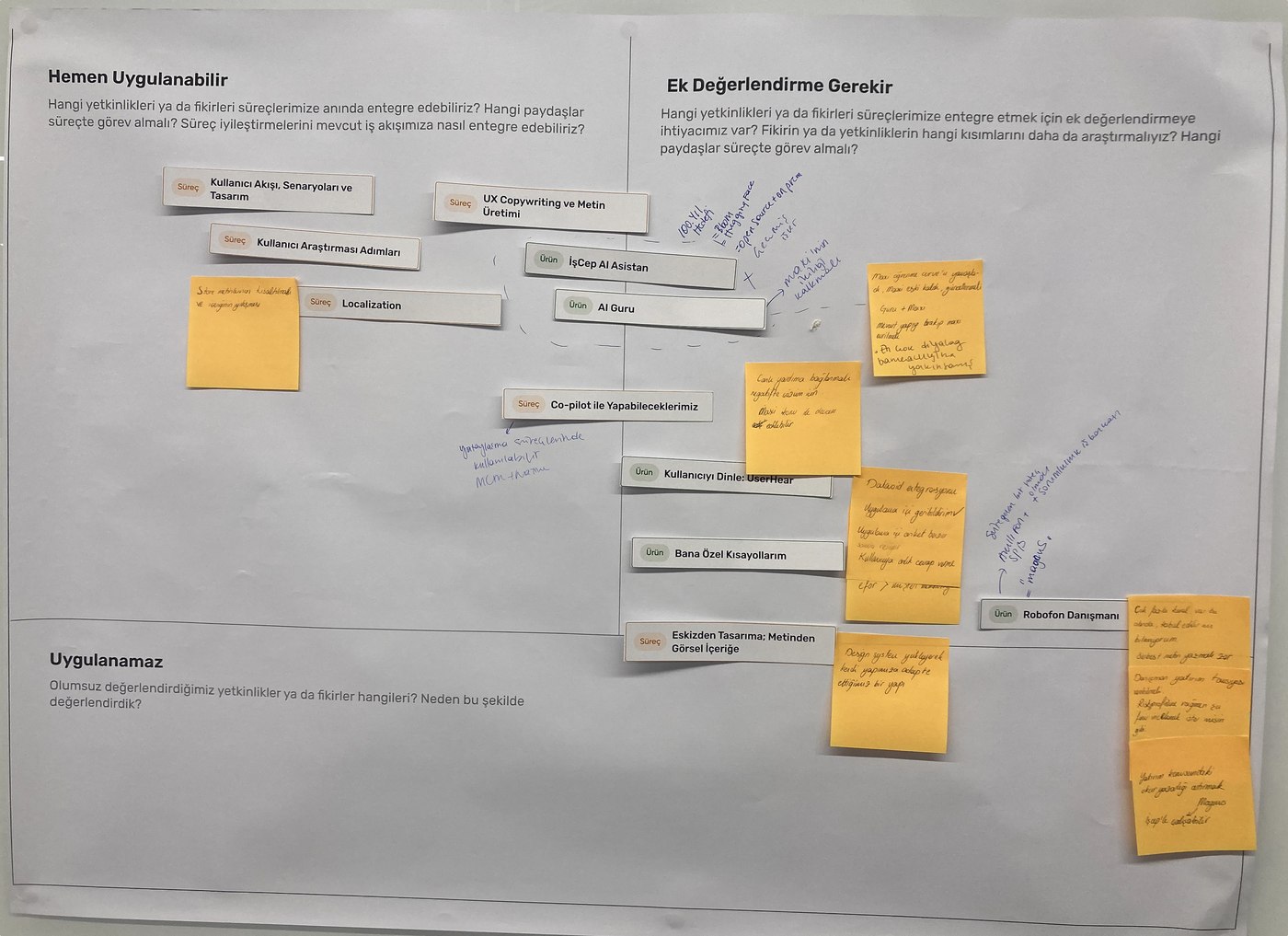 Ideas categorized into Immediately Applicable, Needs Further Evaluation, and Not Applicable