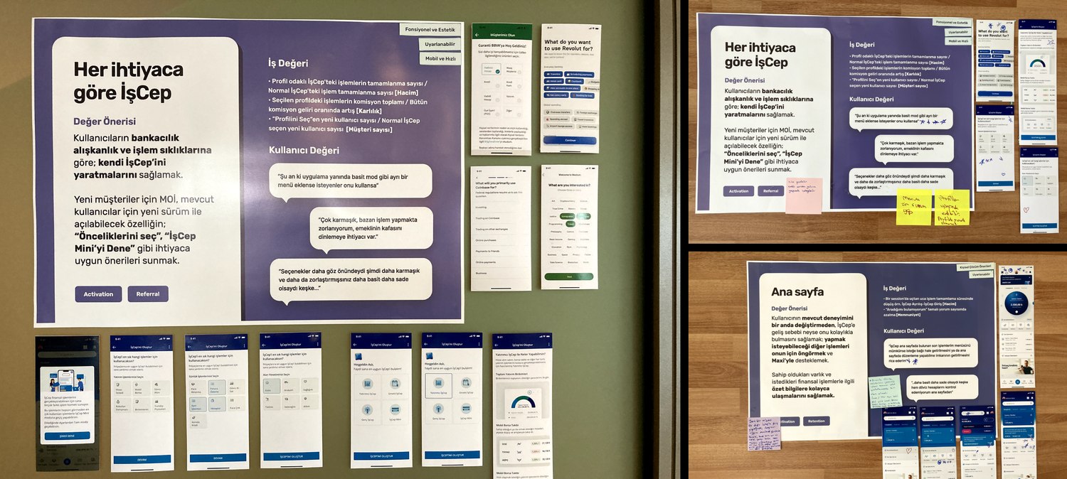 Value proposition posters and competitive benchmarking against Garanti BBVA, Revolut, and Coinbase